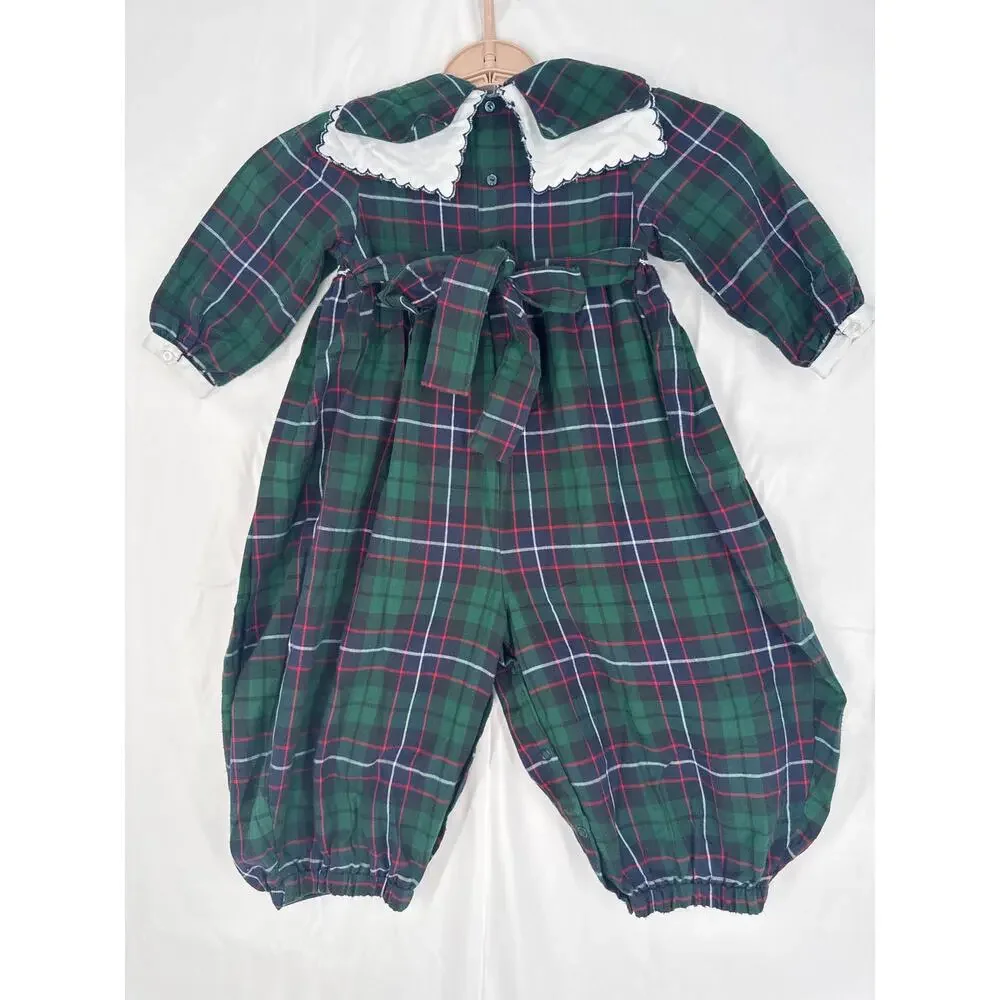 Vintage Carriage Boutiques Green Plaid Bubble Romper Pants Collar size 2T